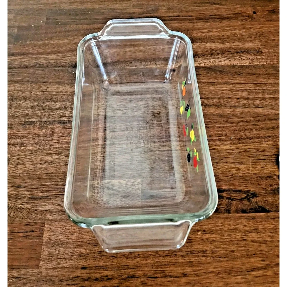 1990 Ovenware Anchor Glass Loaf Pan with Handles & Fruit Motif 1.5 qt.